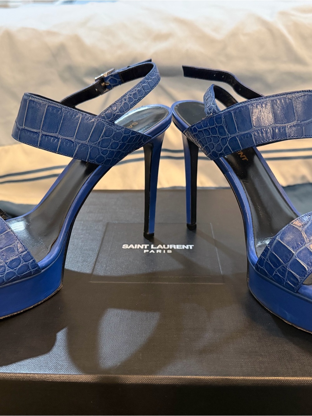 Yves Saint Laurent Cobalt Blue Croc-Embossed Platform Sandals size 38 - Picture 3 of 7